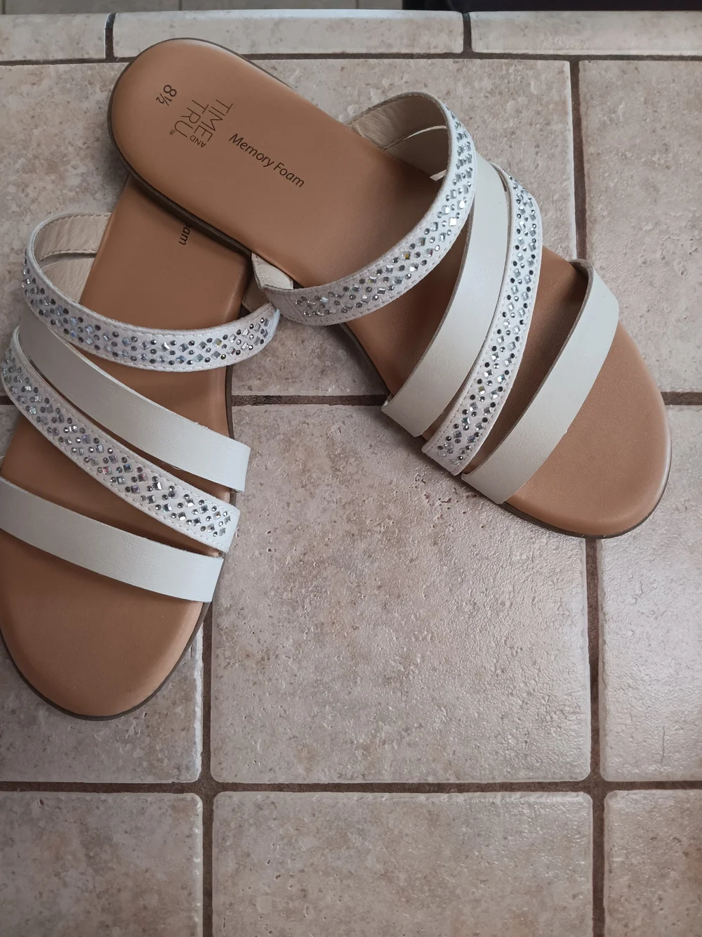 Time and Tru White Rhinestone Multi-Strap Slide Sandals